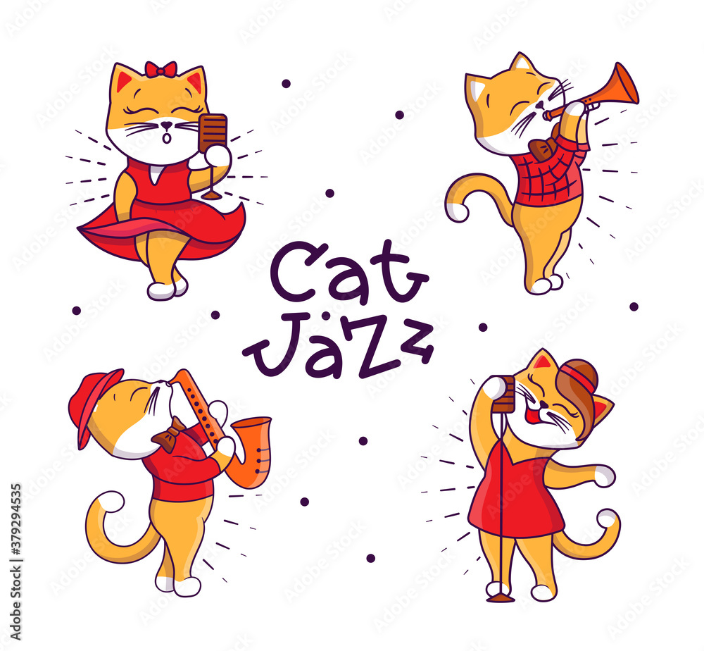 Set of funny Retro Family. Cartoonish cats playing jazz