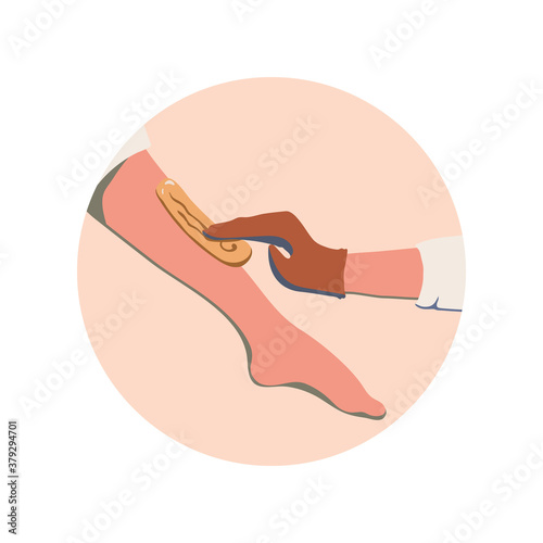 Women leg and gloved hand - the process of removing hair from shin using sugar paste. Vector icon for beauty and SPA site, blogs of depilation master, cosmetologist