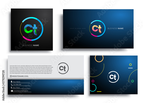Letter CT logotype with colorful circle, letter combination logo design with ring, sets of business card for company identity, creative industry, web, isolated on white background.