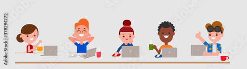 Young adult characters using laptop computer.