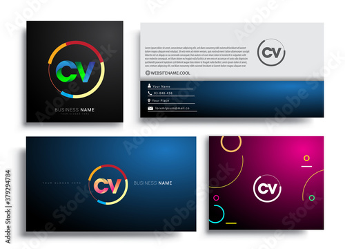 Letter CV logotype with colorful circle, letter combination logo design with ring, sets of business card for company identity, creative industry, web, isolated on white background.