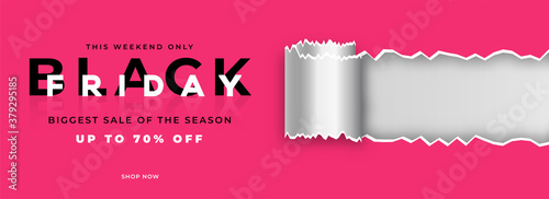 Rolled Torn Paper Pink and Silver Header or Banner Design with 70% Discount Offer for Black Friday Biggest Sale.