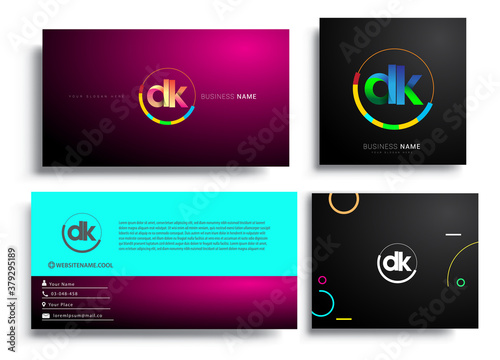 Letter DK logotype with colorful circle, letter combination logo design with ring, sets of business card for company identity, creative industry, web, isolated on white background.