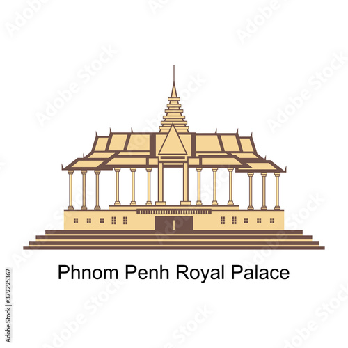 Beautiful view of Phnom Penh Royal Palace in Cambodia capital city. A palace complex that serves as the official residence of the King of Cambodia and the royal family. Vector illustration