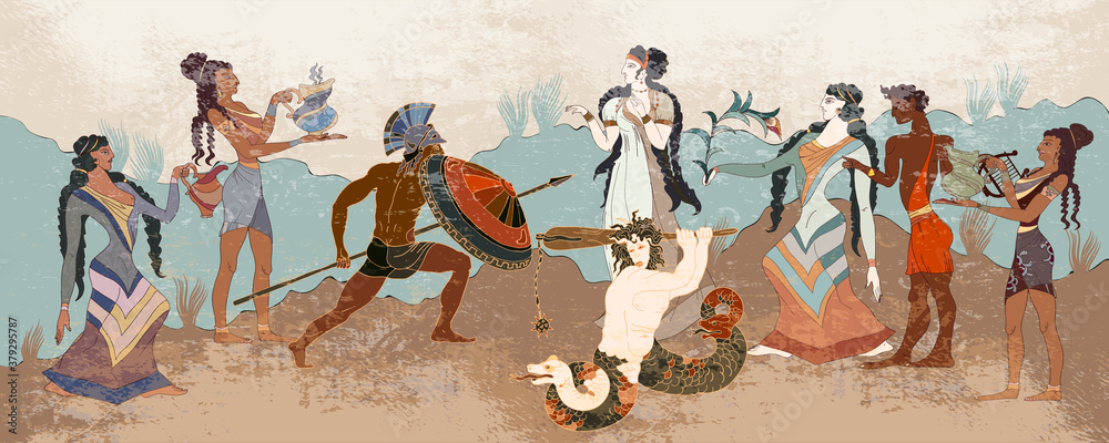Minoan civilization concept. Ancient Greece frescos. Ancient Crete. Knossos murals mythology