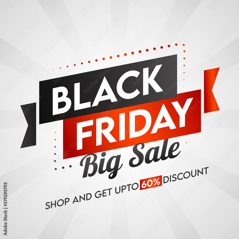 Fototapeta premium Black Friday Big Sale Poster Design with 60% Discount Offer on White Rays Background.