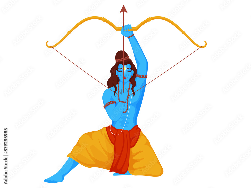 Illustration of Lord Rama Holding Bow Arrow on White Background. - obrazy, fototapety, plakaty 