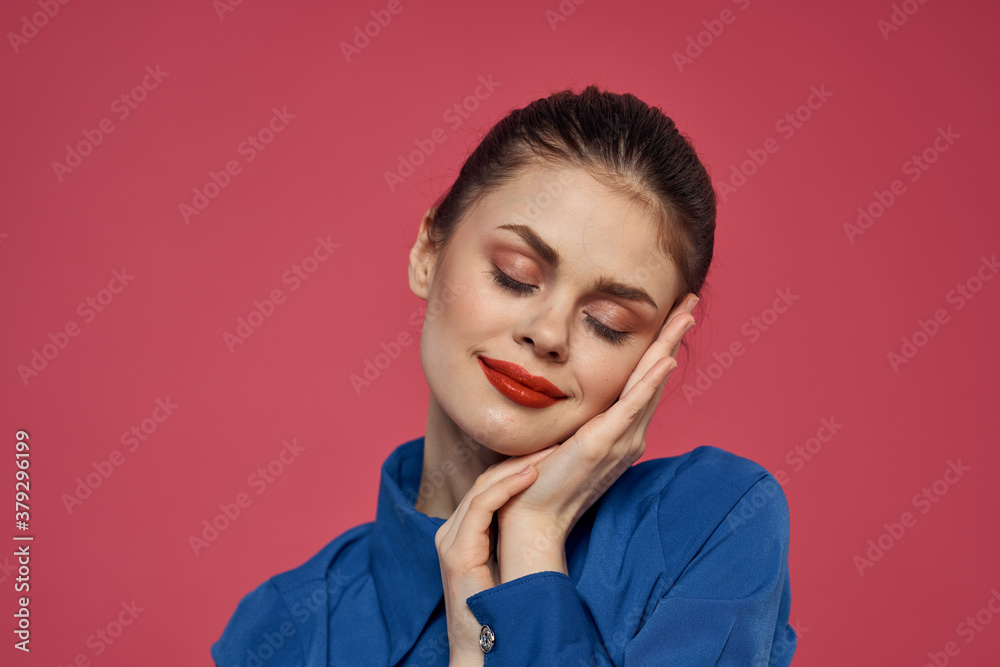 Portrait of emotional woman in blue shirt with bright makeup gesturing with hands Copy Space Portrait of emotional woman in blue shirt with bright makeup gesturing with hands Copy Space