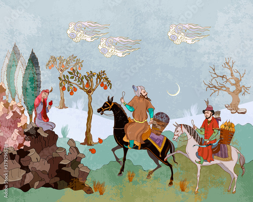Horsemen and oasis. Fairy tales and legends of the Middle East. Medieval miniature. Mughal art. Persian frescoes. Travel of heroes. Ancient civilization murals. Ottoman Empire