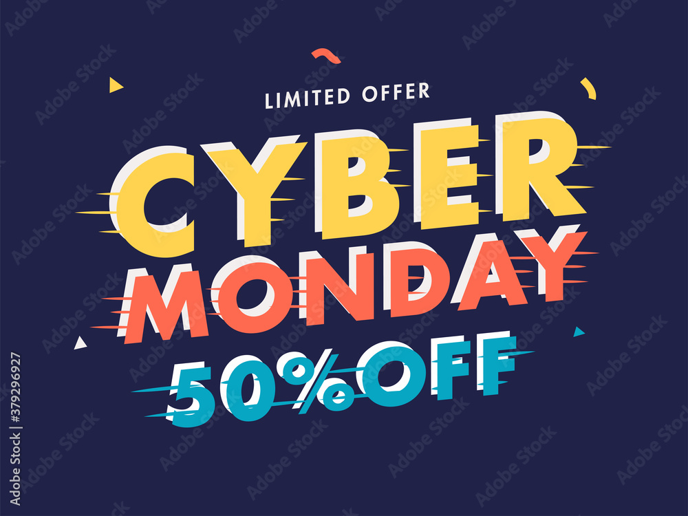 Glitch Style Cyber Monday Text with 50% Discount Offer on Blue Background for Sale. Advertising Poster Design.