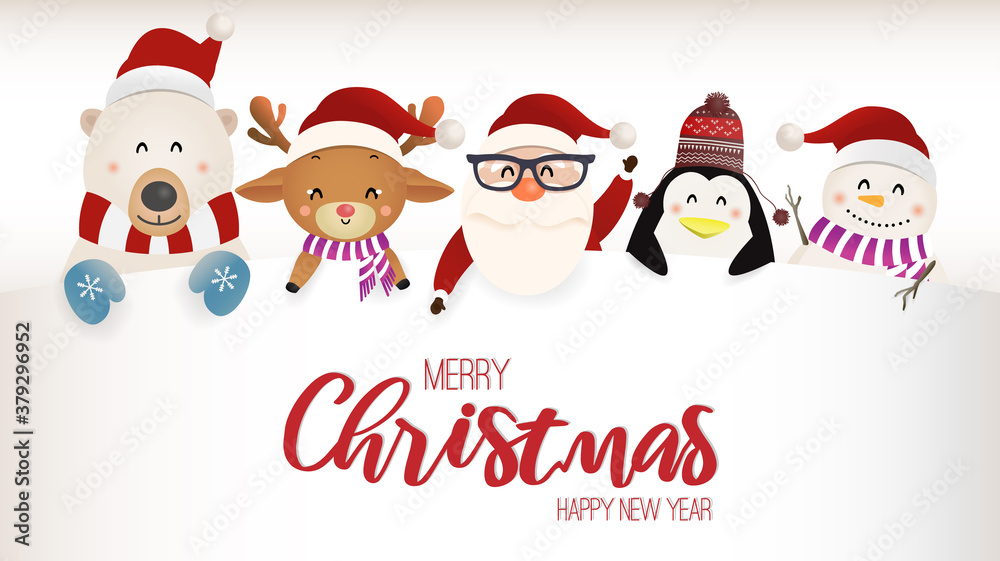 Merry Christmas! Christmas cute animals character with big signboard with White bear, reindeer, snowman, penguin and Santa Claus. Merry Christmas! Christmas cute animals character with big signboard with White bear, reindeer, snowman, penguin and Santa Claus.