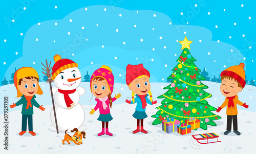 kids, boys and girls, snowman and christmas tree on the winter background