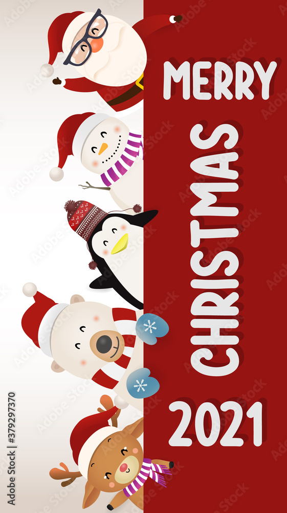 Merry Christmas and happy new year 2021 Vertical with cute Santa Claus with reindeer, White bear, snowman, penguin.