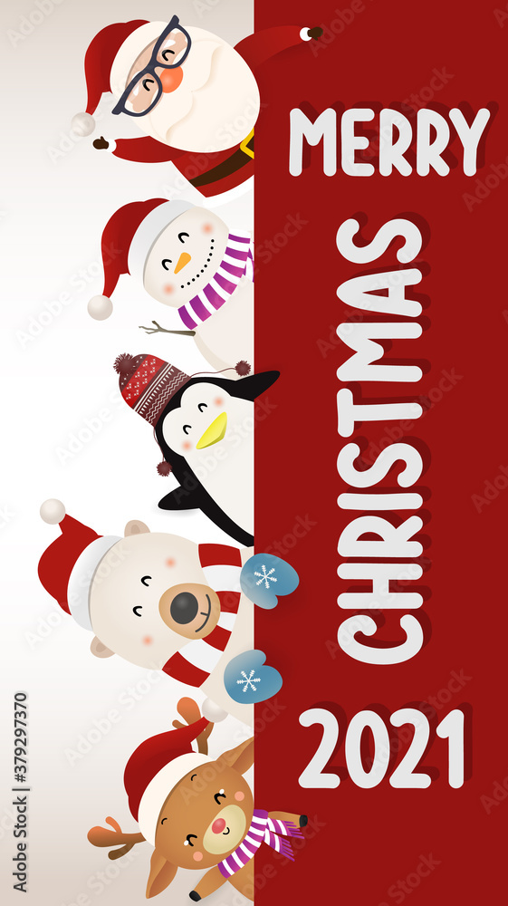 Merry Christmas and happy new year 2021 Vertical with cute Santa Claus with reindeer, White bear, snowman, penguin. Merry Christmas and happy new year 2021 Vertical with cute Santa Claus with reindeer, White bear, snowman, penguin.