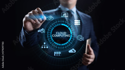 Cloud computing networking and internet concept on screen.