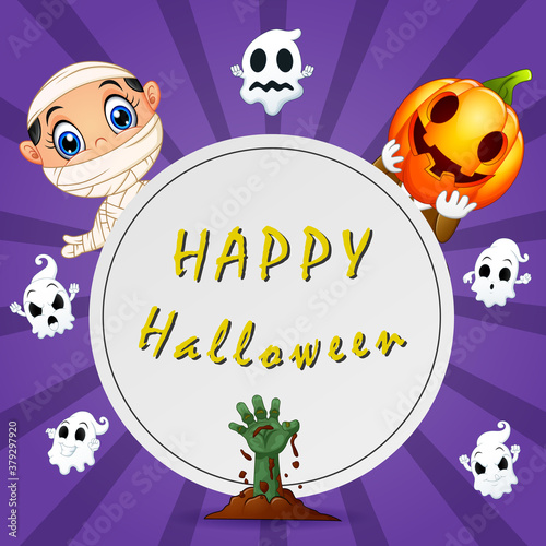 Halloween text design with many kind character