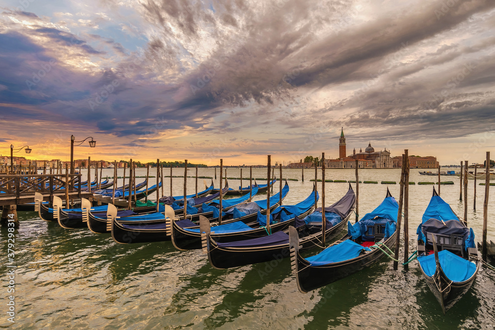 Venice Italy, sunrise city skyline at Grand Canal with Gondola boat