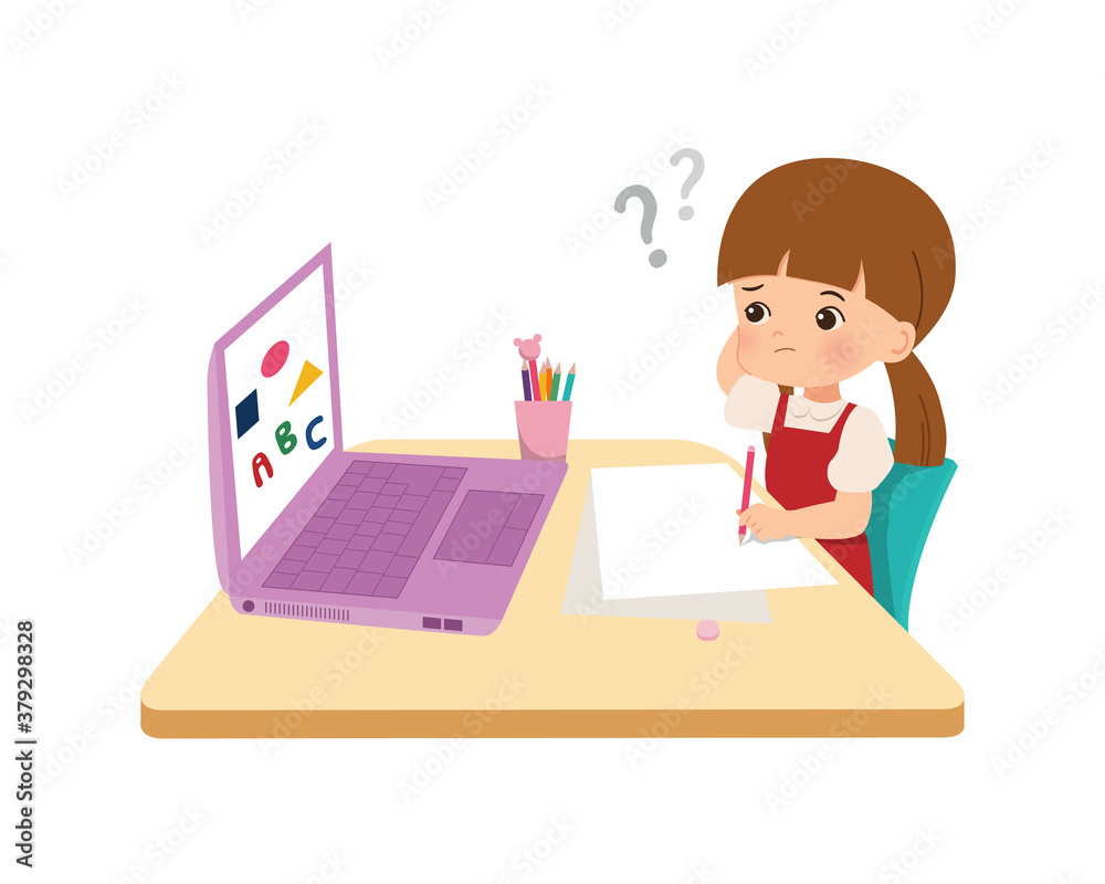 Girl feeling confused and thinking. Cute kid doing his homework. Study online class while pandemic era corona virus. Flat style vector. Girl feeling confused and thinking. Cute kid doing his homework. Study online class while pandemic era corona virus. Flat style vector.