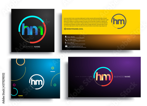 Letter HM logotype with colorful circle, letter combination logo design with ring, sets of business card for company identity, creative industry, web, isolated on white background.