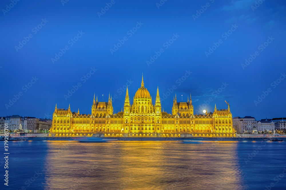 Budapest Hungary, night city skyline at Hungarian Parliament and Danube River