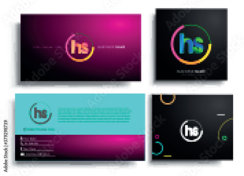 Letter HS logotype with colorful circle, letter combination logo design with ring, sets of business card for company identity, creative industry, web, isolated on white background.