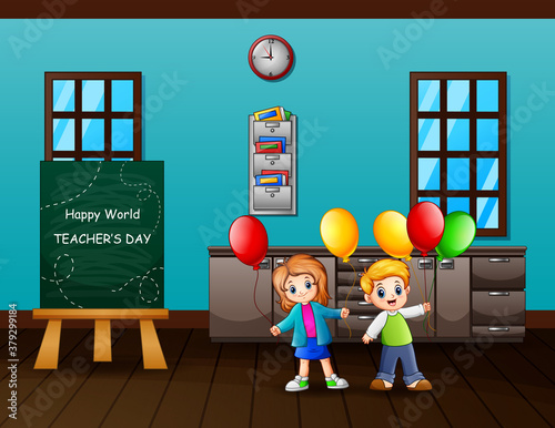 World Teachers Day concept with kids holding balloons in the class