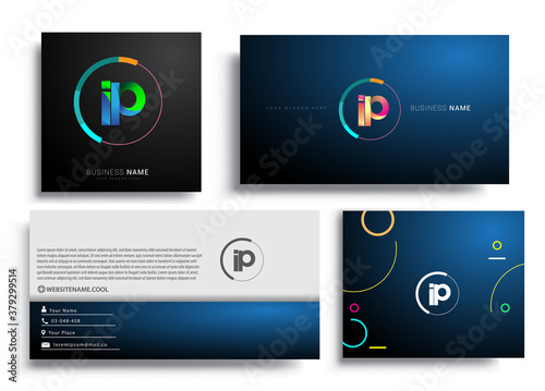 Letter IP logotype with colorful circle, letter combination logo design with ring, sets of business card for company identity, creative industry, web, isolated on white background.