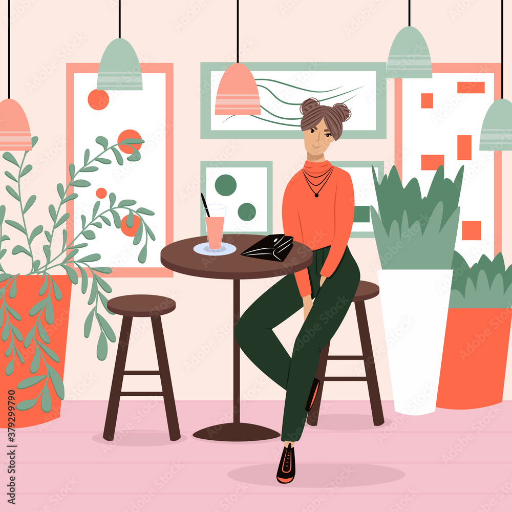 Fototapeta premium Happy smiling woman in modern clothes sitting at the restaurant or cafe vector flat cartoon illustration.