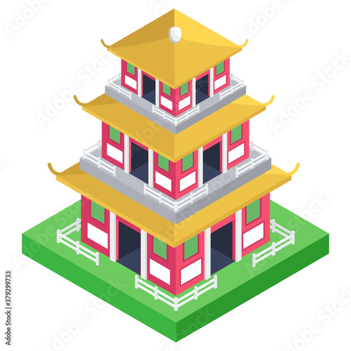 
A tiered tower with multiple eaves, pagoda in isometric icon
