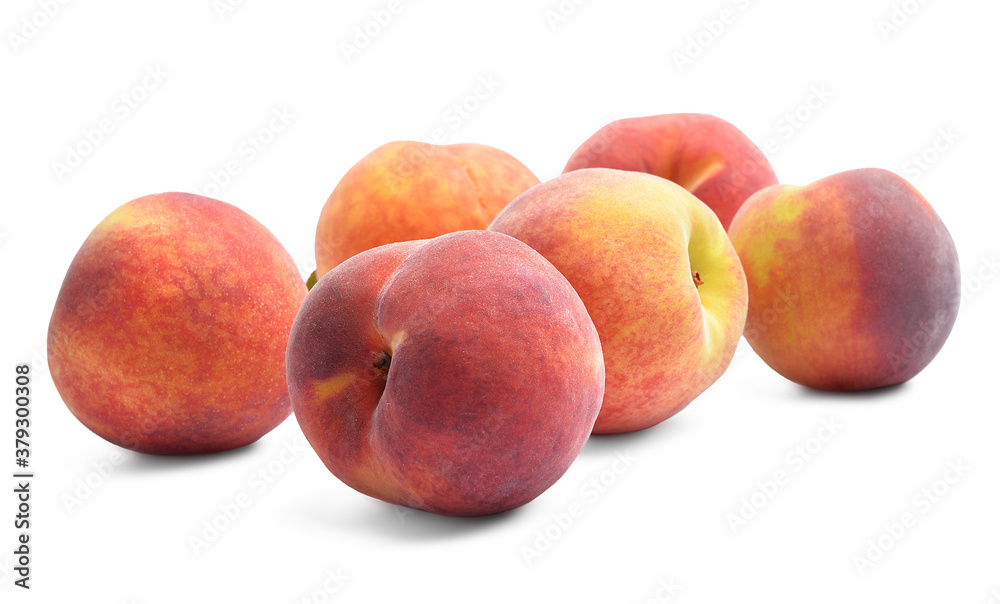 Sweet ripe peaches on white background Sweet ripe peaches on white background