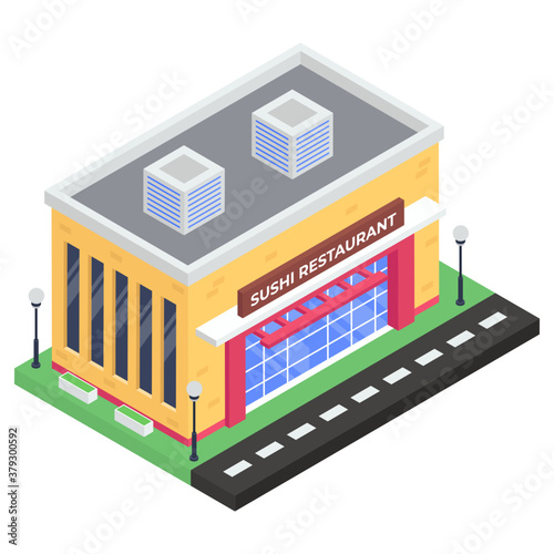 
Commercial japanese restaurant, isometric design of sushi restaurant icon
