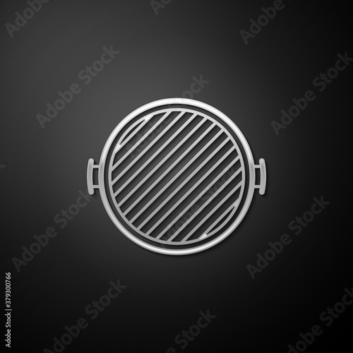 Silver Barbecue grill icon isolated on black background. Top view of BBQ grill. Long shadow style. Vector.
