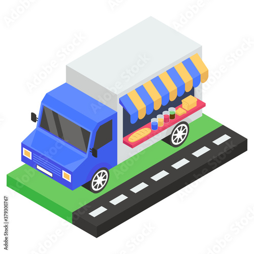 
Food truck icon, isometric design of food delivery van 
