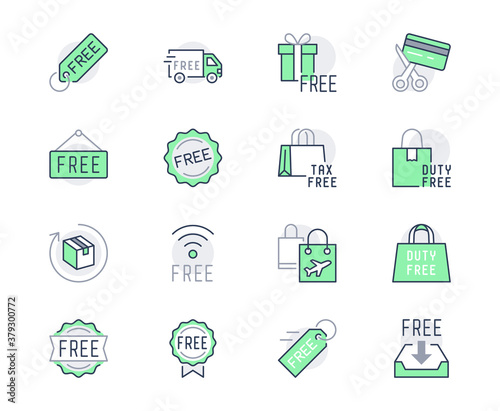 Free label line icons. Vector illustration included icon as gratis delivery truck, shipping, wifi, download, duty free outline pictogram of freebies. Green Color, Editable Stroke