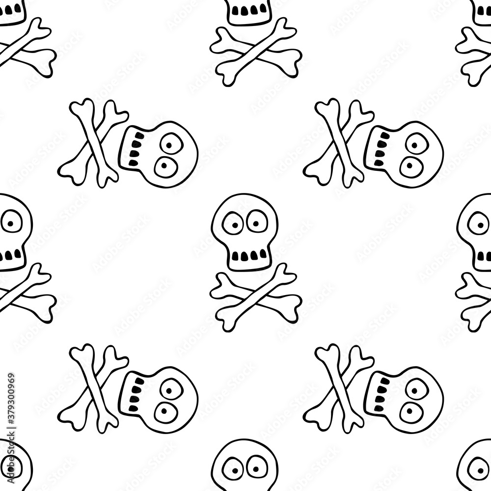 Seamless pattern with human skull and bones. Primitive cartoon style Doodle. Background and texture on theme of Halloween, danger, death, war, poison. For fabric, packaging, party, poster, banner