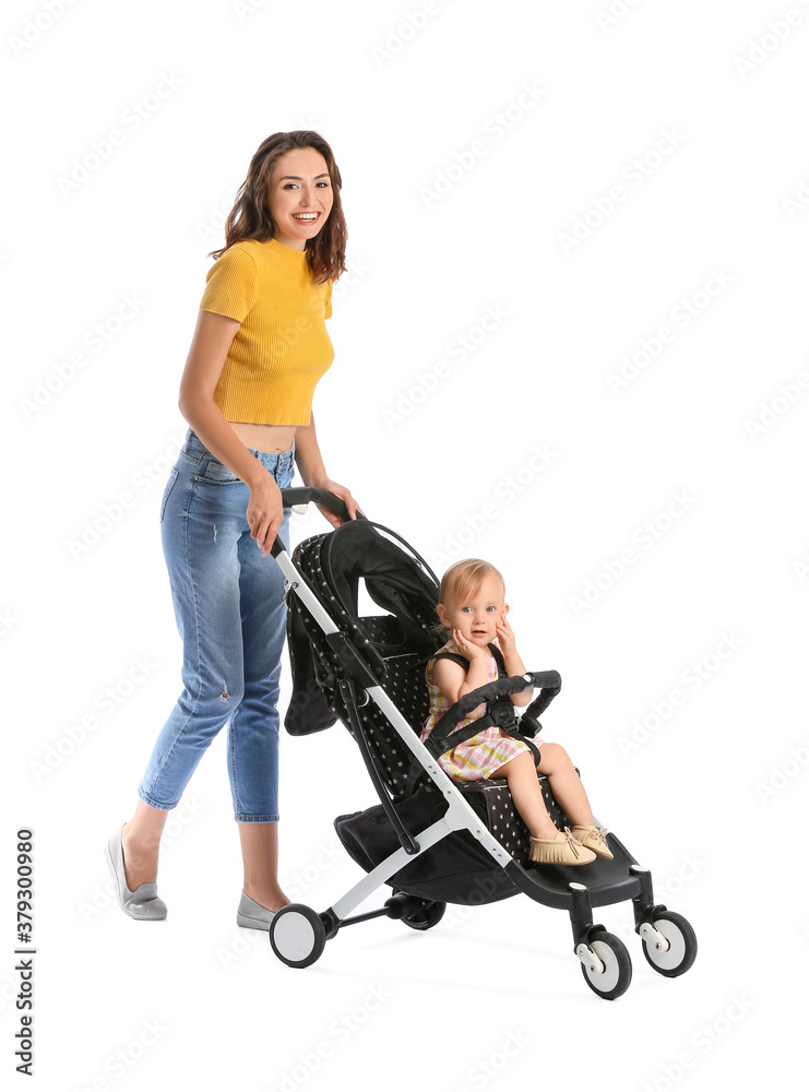 Woman and her cute baby in stroller on white background Woman and her cute baby in stroller on white background