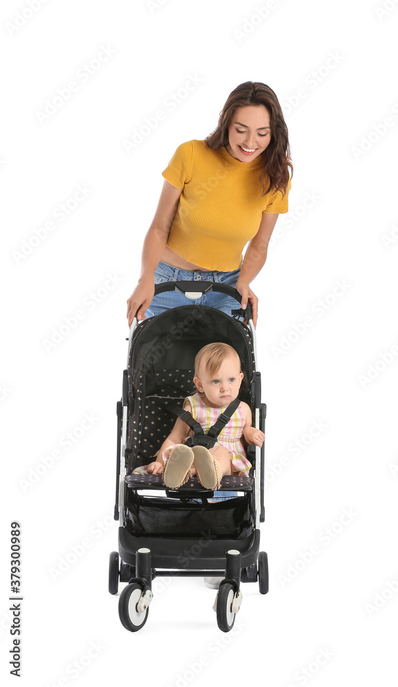 Woman and her cute baby in stroller on white background