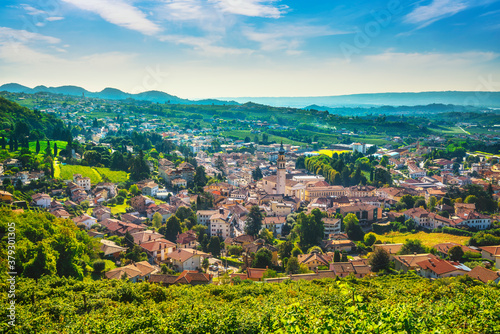 Valdobbiadene village and vineyards. Prosecco Hills, Unesco Site, Veneto, Italy photo