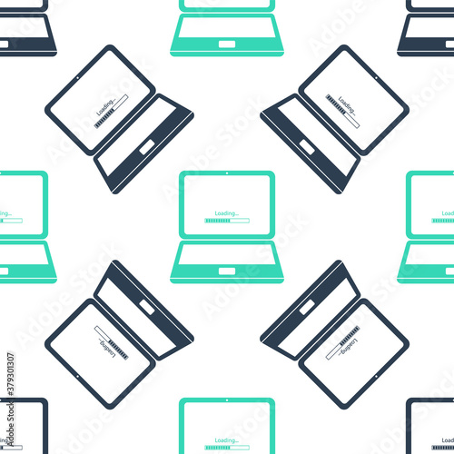Green Laptop update process with loading bar icon isolated seamless pattern on white background. System software update. Loading process in laptop screen. Vector.