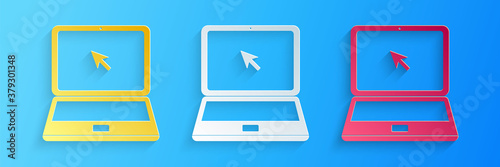 Paper cut Laptop with cursor icon isolated on blue background. Paper art style. Vector.