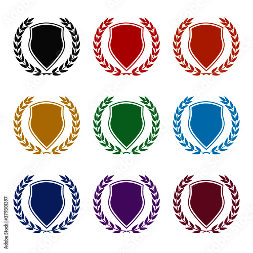 Shield with laurel wreath icon, color set