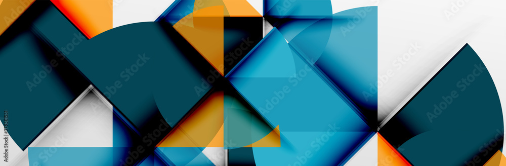 Bright color circles, abstract round shapes and triangles composition with shadow effects. Vector modern geometric design template
