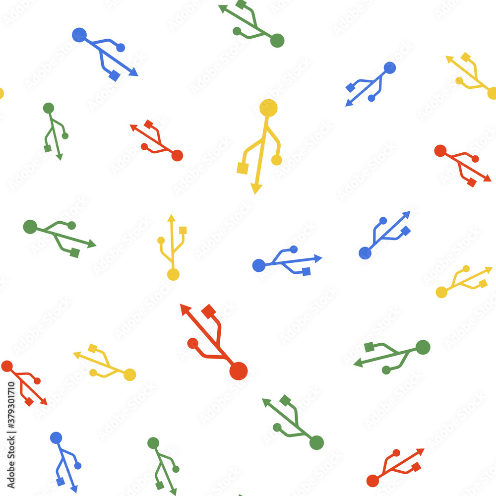 Color USB symbol icon isolated seamless pattern on white background. Usb flash drive symbol. Vector.