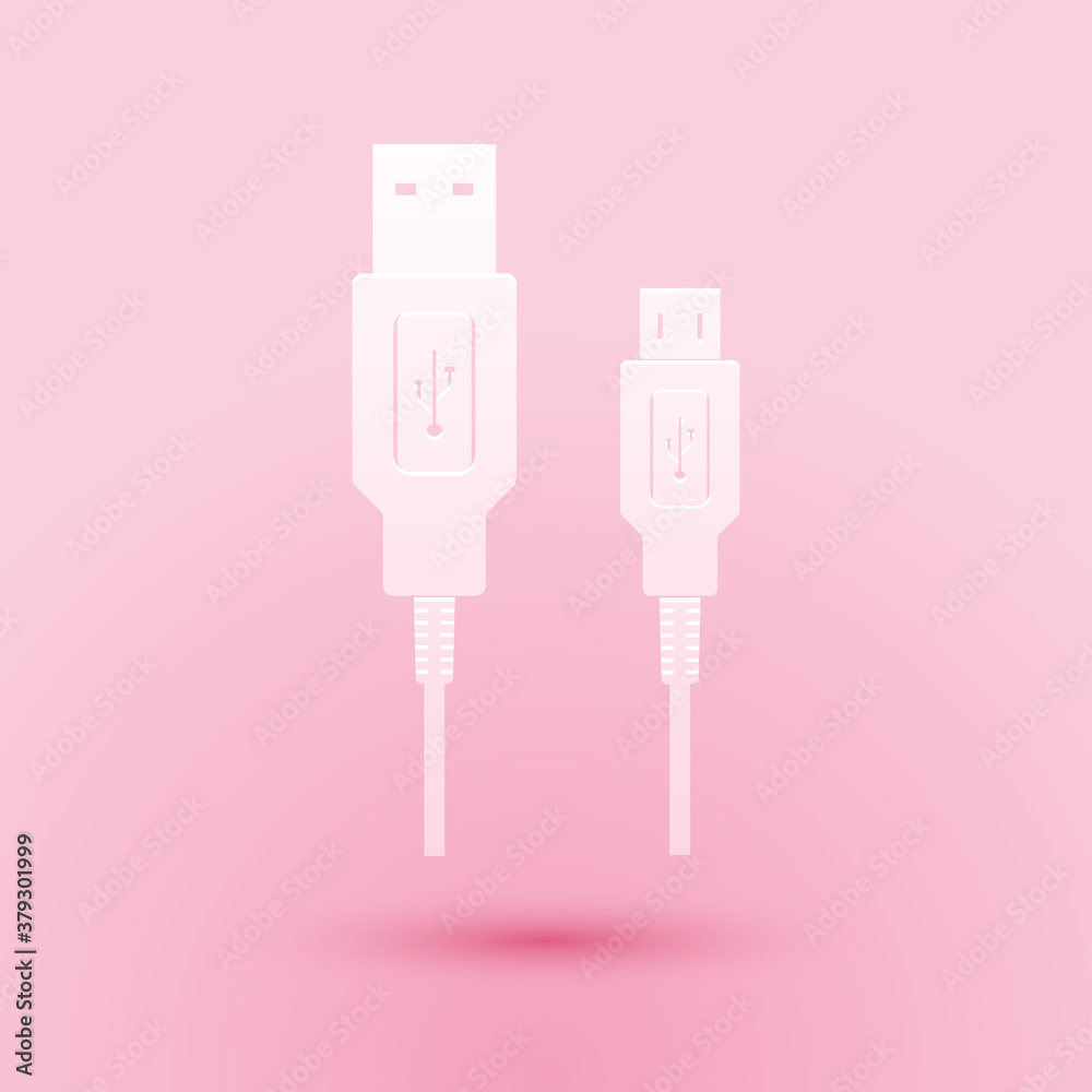 Paper cut USB Micro cables icon isolated on pink background. Connectors and sockets for PC and mobile devices. Smartphone recharge supply. Paper art style. Vector. Paper cut USB Micro cables icon isolated on pink background. Connectors and sockets for PC and mobile devices. Smartphone recharge supply. Paper art style. Vector.