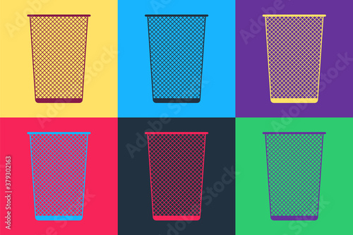 Pop art Trash can icon isolated on color background. Garbage bin sign. Recycle basket icon. Office trash icon. Vector.
