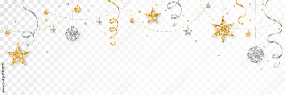 Holiday decoration, Christmas glitter border. Festive vector background isolated on white. Gold and silver ornaments, garland with stars. For Christmas and New Year banners, headers. - obrazy, fototapety, plakaty 