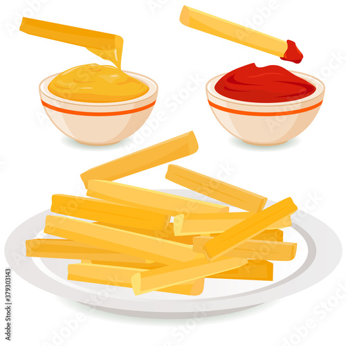 French fries potatoes on a dish and bowls with mustard and ketchup sauces. Vector illustration.