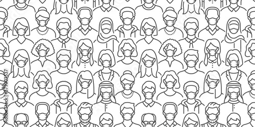 Crowd of people in face masks vector seamless pattern. Coronavirus prevention background with diverse men, woman line icons safety medical respirator, virus protection. Black white color illustration