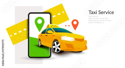 Taxi Service car with phone and location icons poster banner illustration 