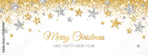 Christmas banner with gold and silver decoration. Festive border with falling glitter dust and stars. Holiday vector background. For Christmas and New Year cards, headers, party posters.